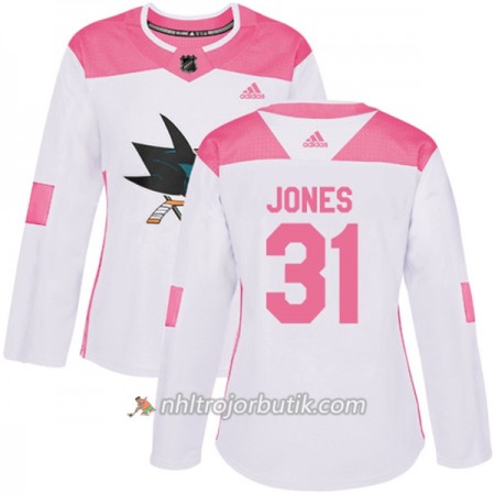 Dame Ishockey San Jose Sharks Tröja Martin Jones 31 Adidas 2017-2018 Vit Rosa Fashion Authentic